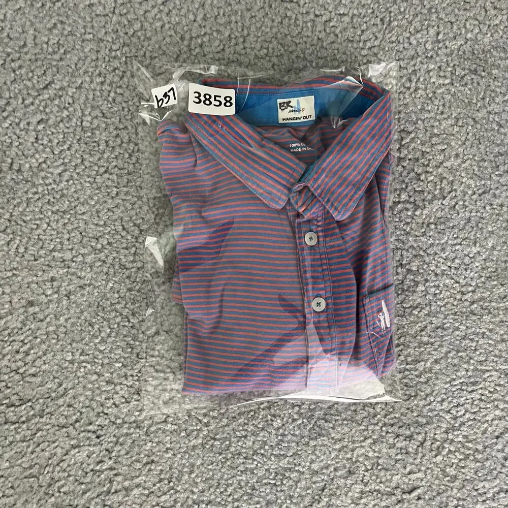 Johnnie-O Polo Shirt Boys 14 Blue Red Stripe Hangin' Out Short Slv Surfer‎ Logo